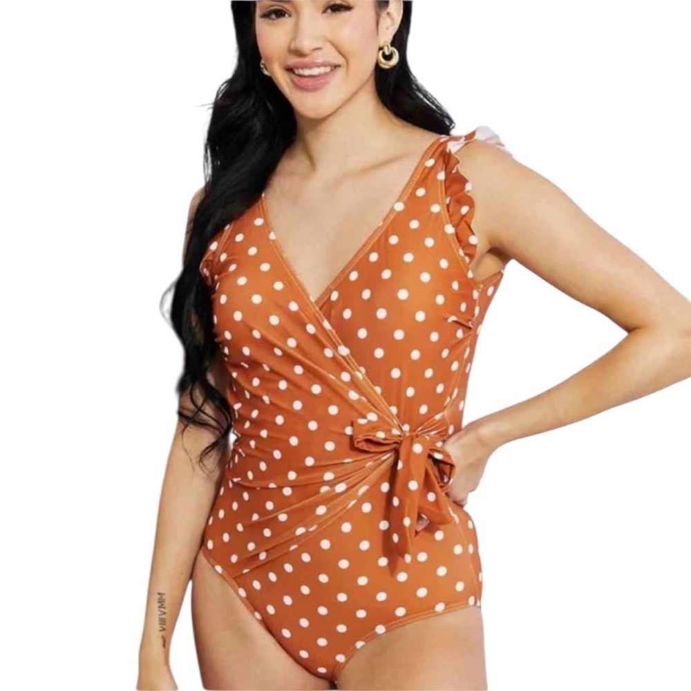 CJLA Womens Orange Polka Dot Ruffle Faux Wrap One-Piece Swimsuit Small